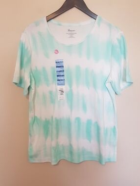 Penmans Women's Short Sleeve Tie-Dye Stripe Tee in Green Mint White